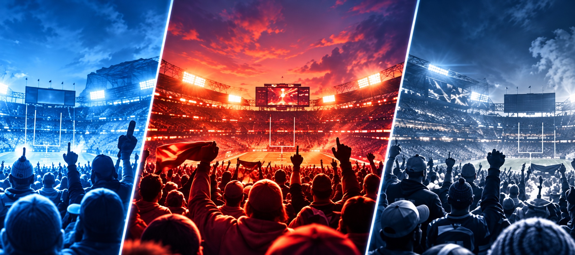 Football crowds representing three eras